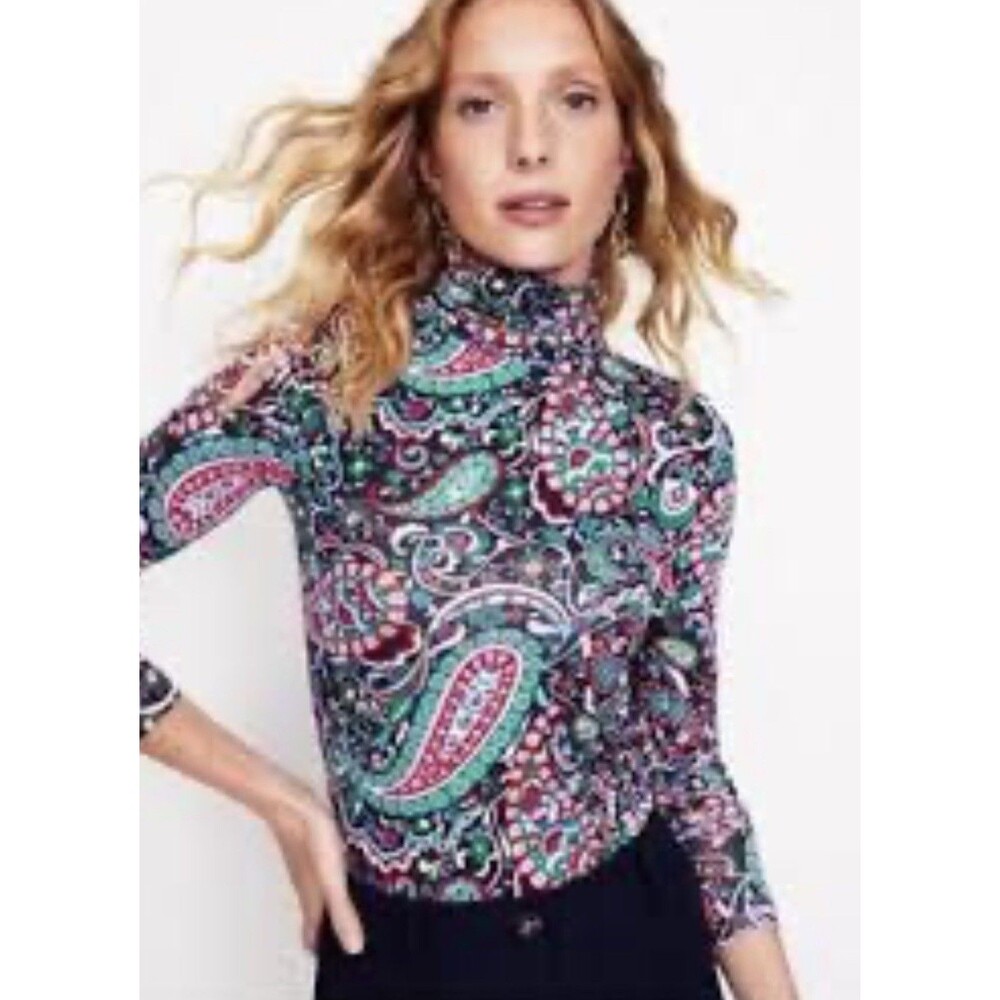 Boden Polly Blue Paisley Floral Jersey Turtleneck Size 12 Womens Long Sleeve